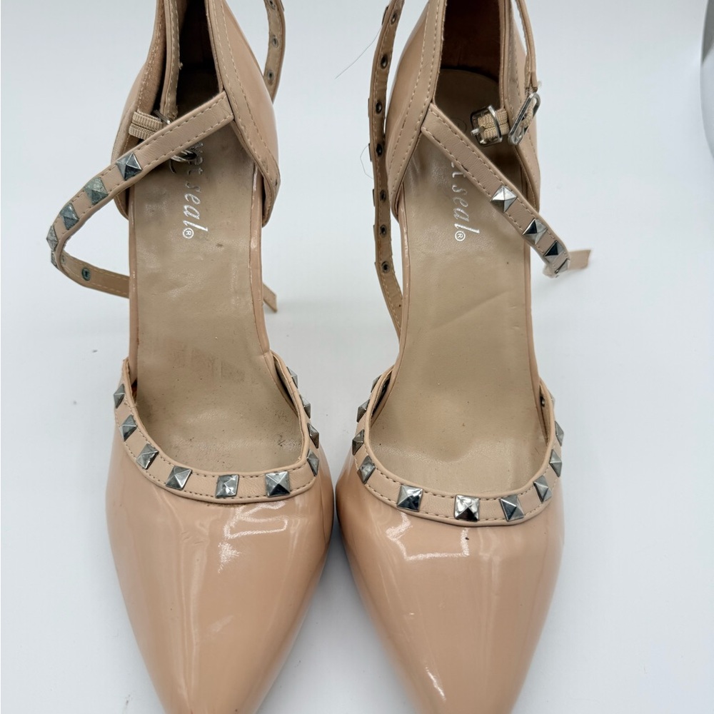 Nude Patent Leather Studded Heels